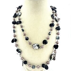 Faux Pearl Shell Black Faceted Glass Beaded Double Strand 22” Necklace
